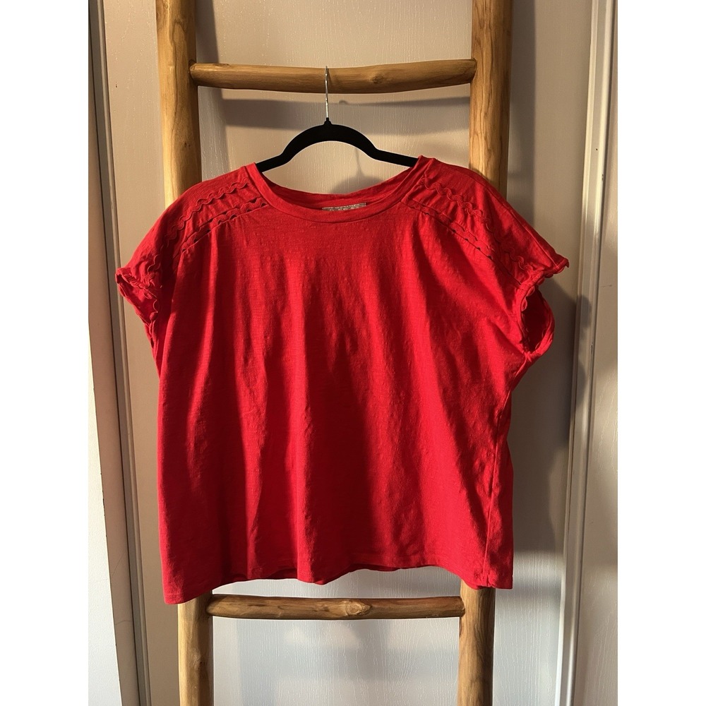 danielian Women's Red Solid 100% Cotton Knit Embroidered Round Neck Top XL